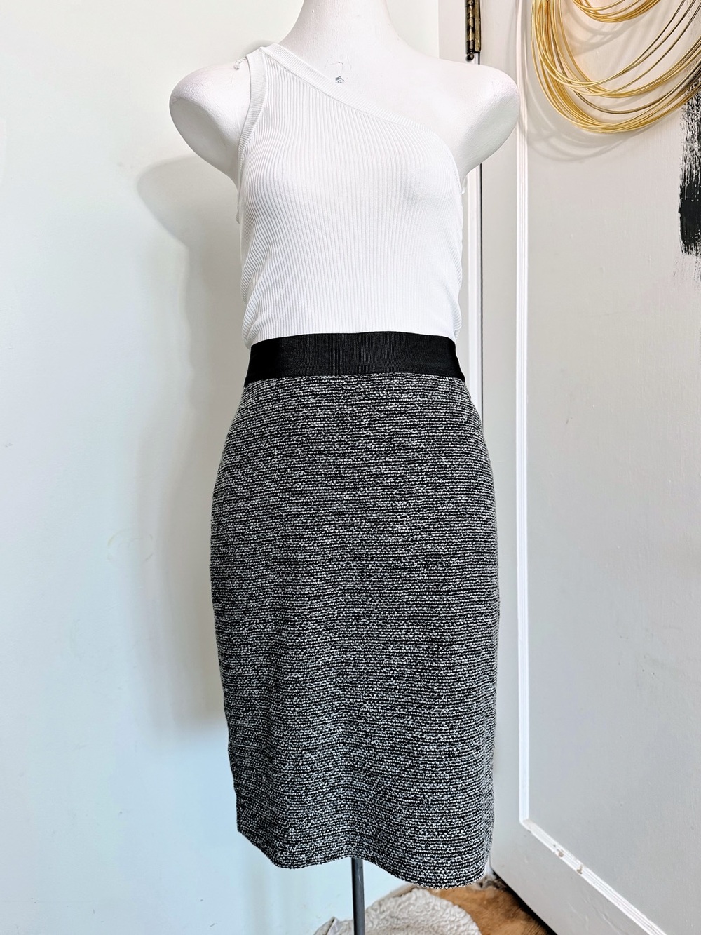 Black White Tweed Textured Pencil Skirt High Waist Back Slit